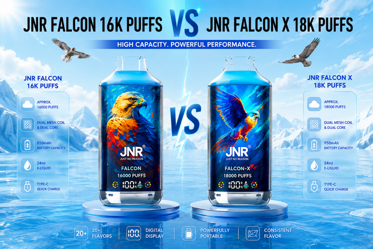 JNR Falcon 16K Puffs vs JNR Falcon X 18K Puffs high-capacity vape comparison