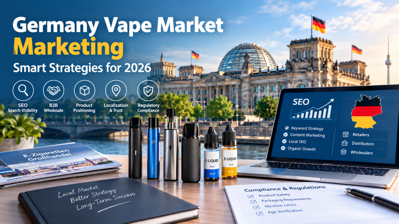 Germany Vape Market Marketing strategy for 2026 featuring German vape products, B2B wholesale, SEO, localization, product positioning and regulatory compliance in Berlin.